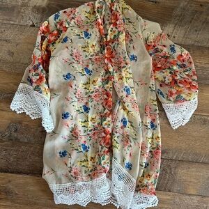 Floral Kimono with Lace Trim